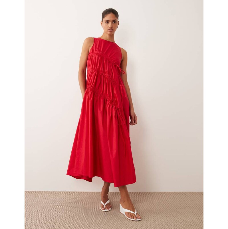 Ghospell sleeveless drawstring detail ruched midi dress in red