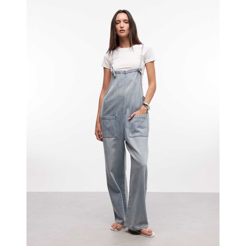 Monki denim wide leg jumpsuit in light blue wash