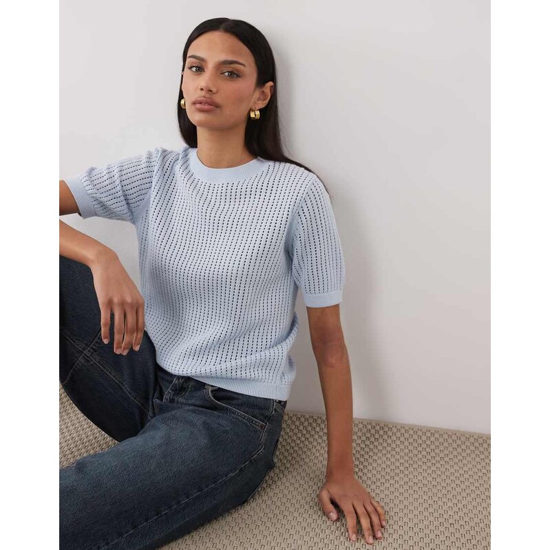 Mango 100% cotton short sleeve knitted top in pastel blue