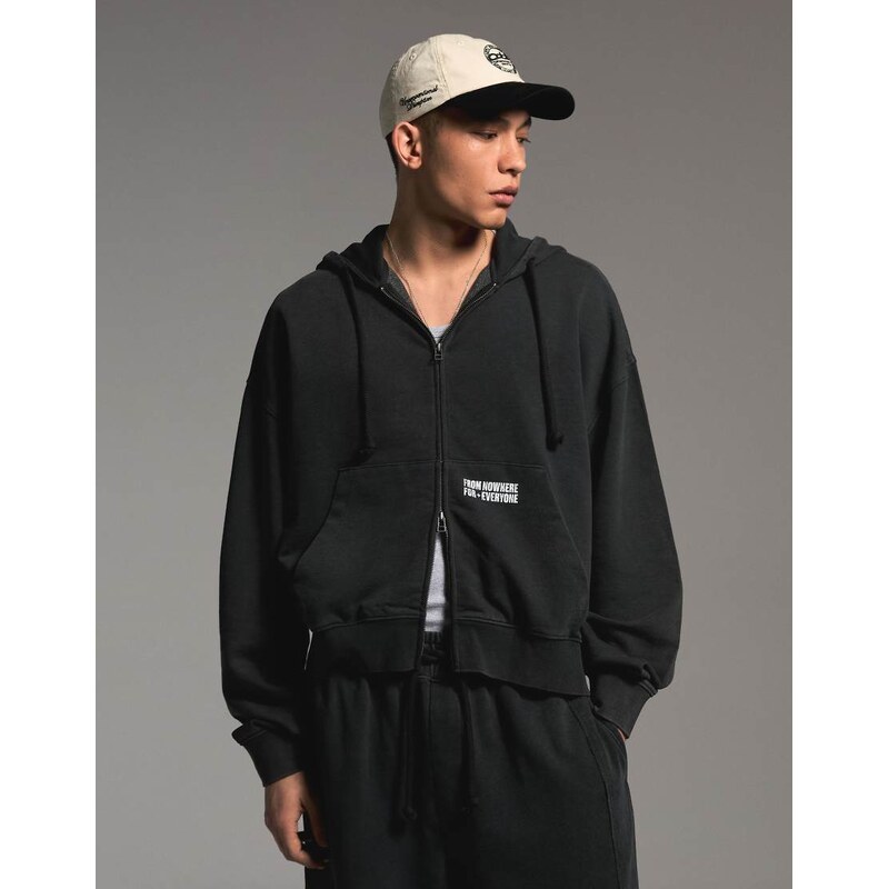 Bershka Boxy zip-up print sweatshirt in black