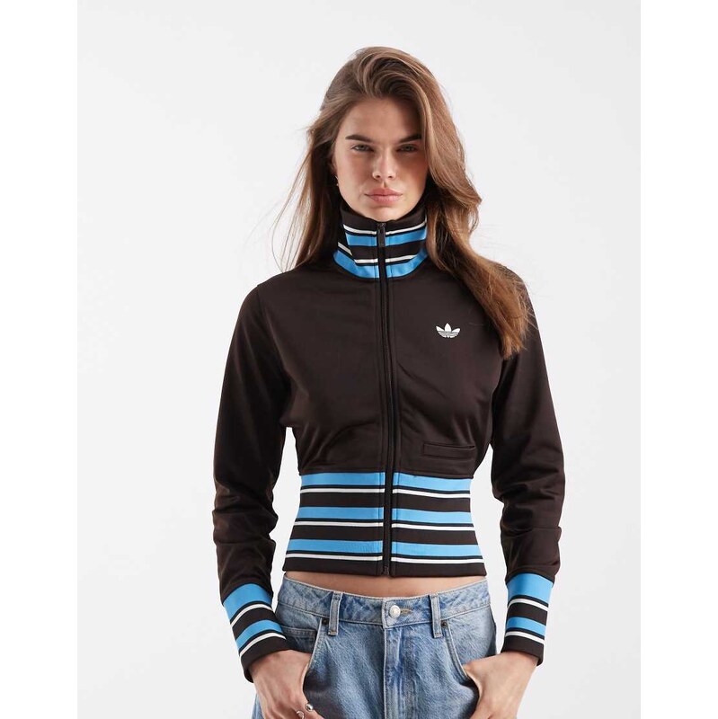 adidas Originals vintage inspired track top with stripe rib in brown 114448227
