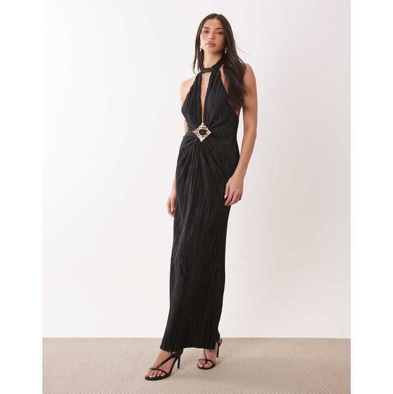 ASOS DESIGN plisse halter neck maxi dress with trim detail in black 114448309