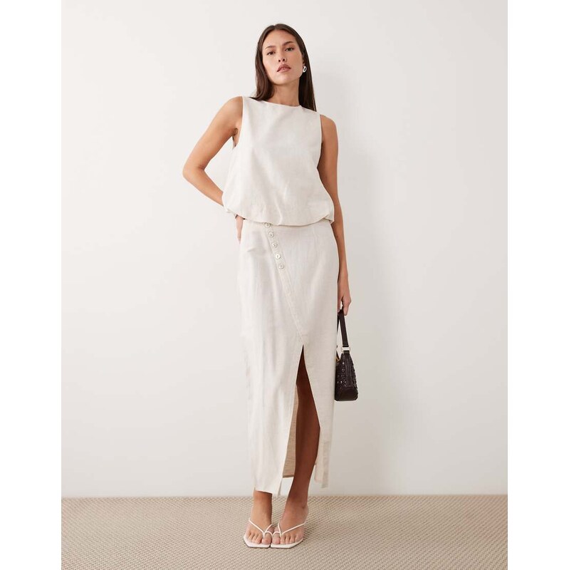 Vila linen touch button front midi skirt in super light natural