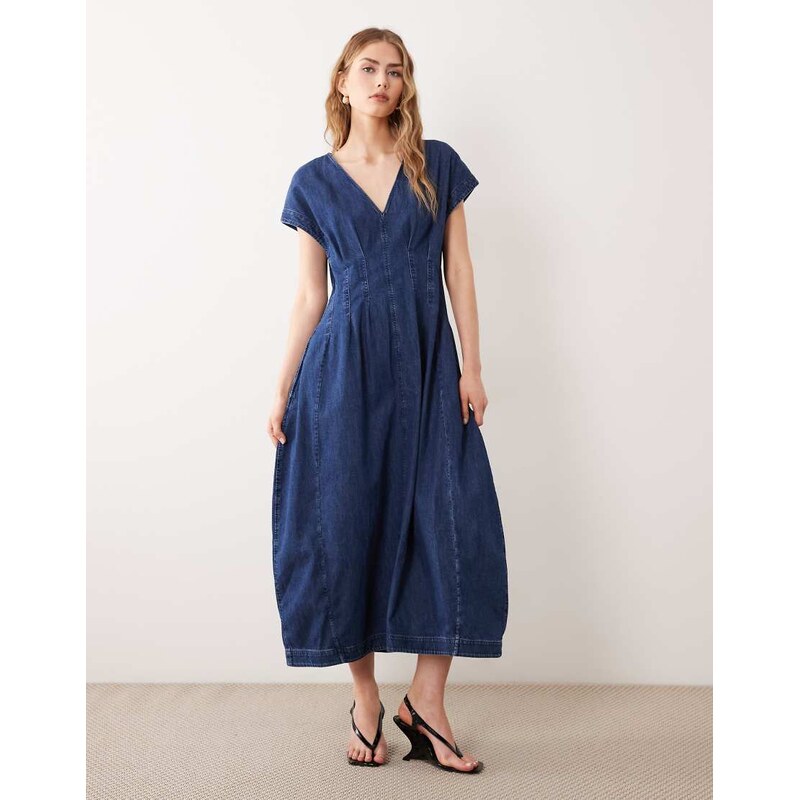 ARKET cinched waist denim bubble maxi dress in midwash blue