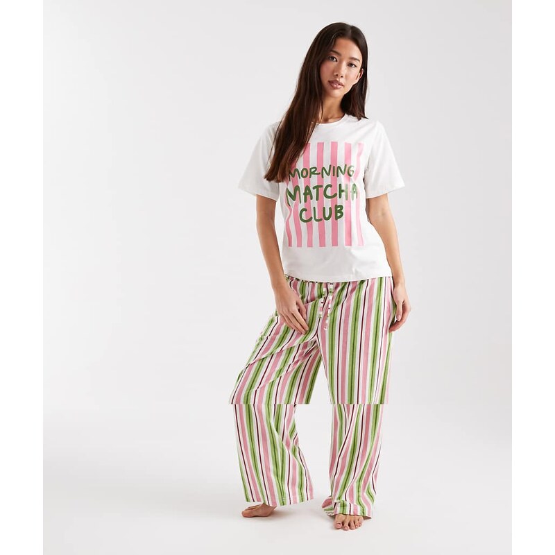 Threadbare t-shirt stripe pyjama set with matcha print in pink and 114450661
