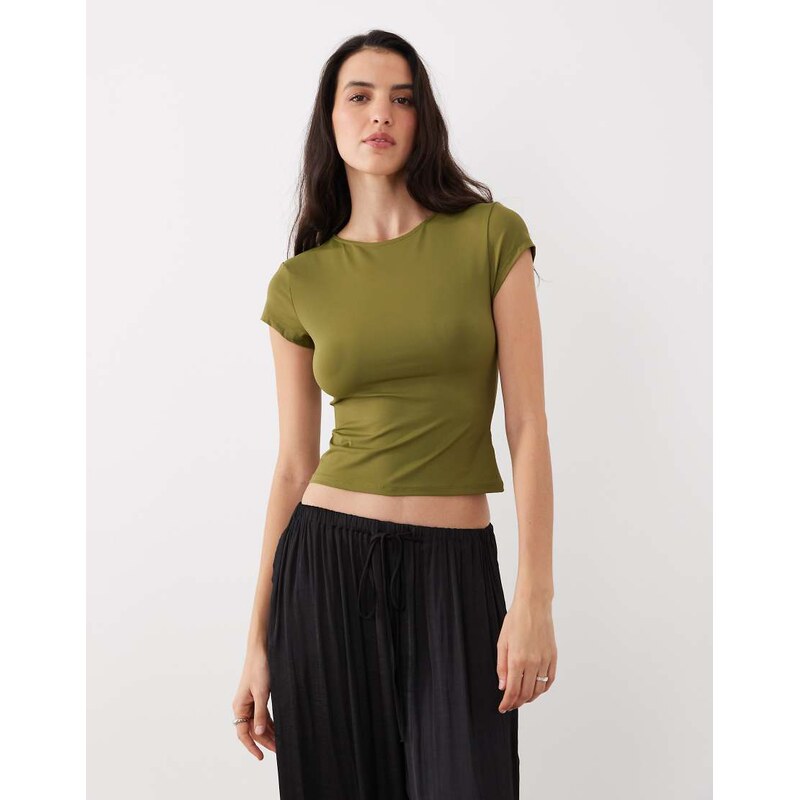 ASOS DESIGN polyamide slinky baby tee in khaki-Green