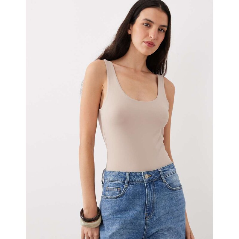 ASOS DESIGN polyamide slinky scoop bodysuit in stone-Brown