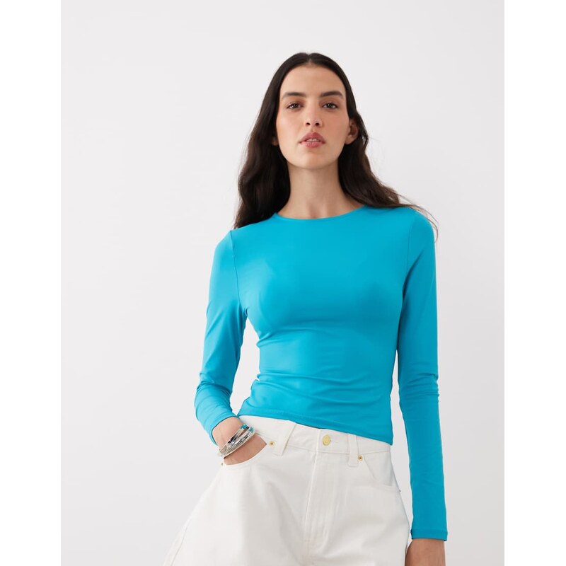 ASOS DESIGN polyamide slinky long sleeve top in teal-Blue