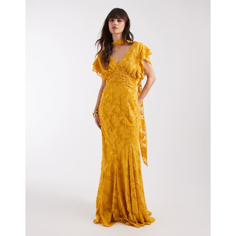 Pretty Lavish v neck frill jacquard godet maxi dress in ochre-Yellow 114450723