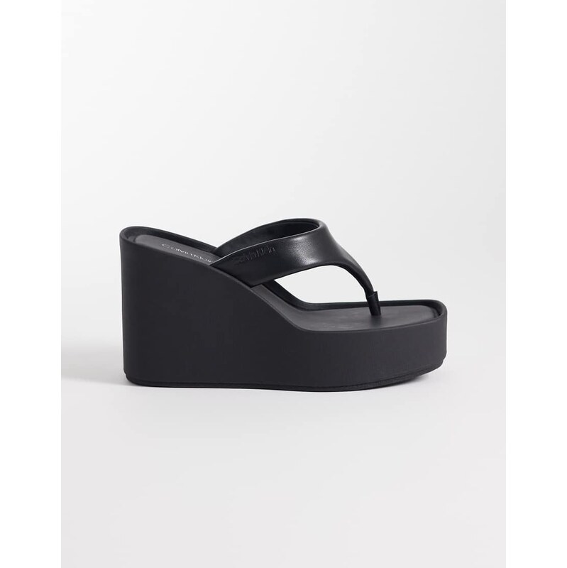 Calvin Klein Jeans leather thong wedge sandal in black 114450758