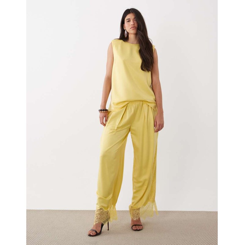 ASOS DESIGN satin wide leg trousers with lace in lemon yellow