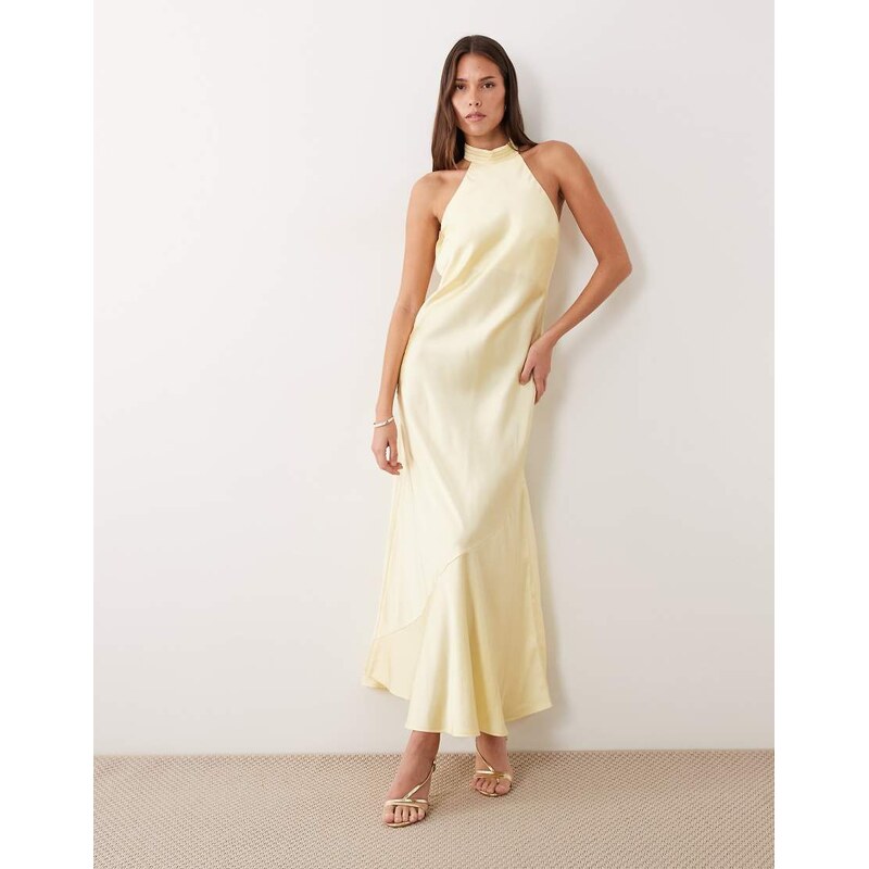 Vila halter neck backless satin maxi dress in pastel yellow