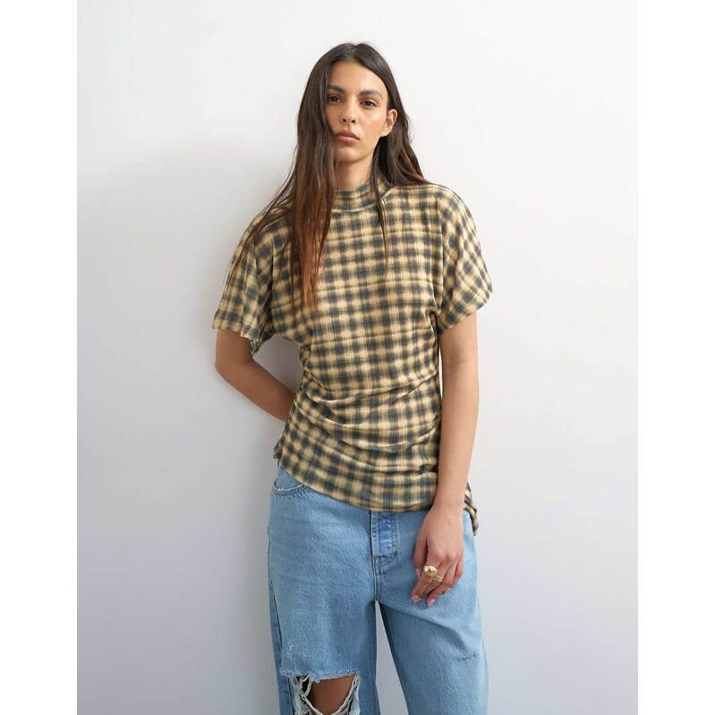 Topshop mesh check funnel tunic top in check print-Brown