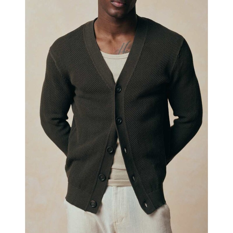 Mango cotton mix waffle knit long sleeve cardigan in brown