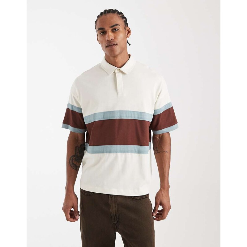 New Look boxy blocked rugby polo in white pattern