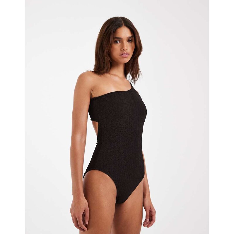Vero Moda crinkle one shoulder swimsuit in chocolate-Brown