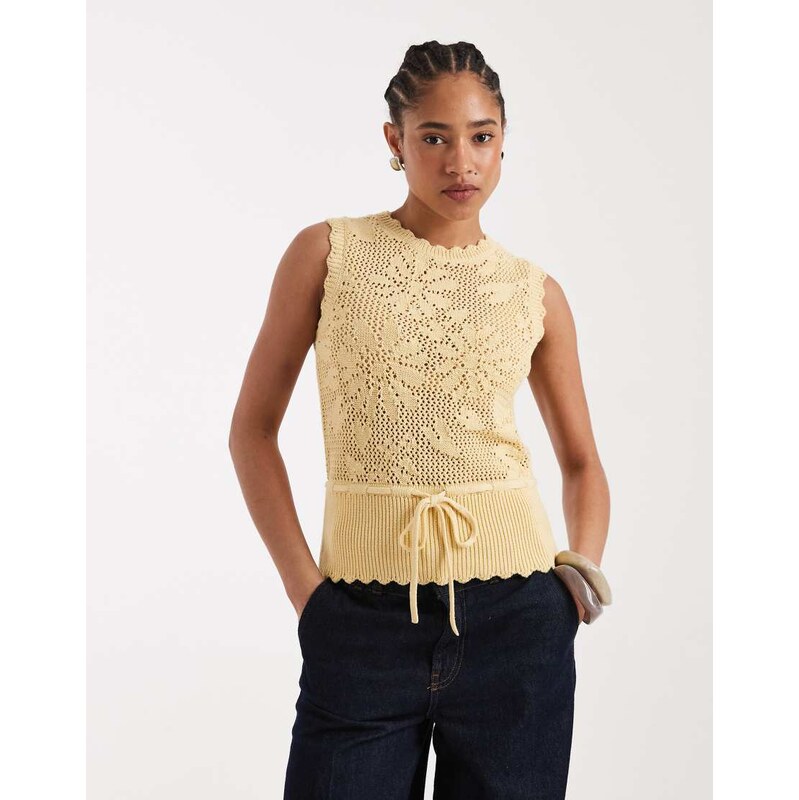 New Look floral stitch tie waist vest in yellow