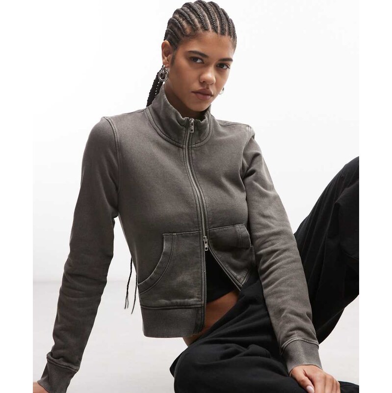 Weekday slim fitted zip through hoodie in dark grey 114450810