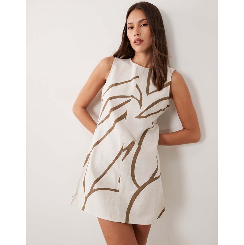 Vila linen touch sleeveless mini dress in brown floral print