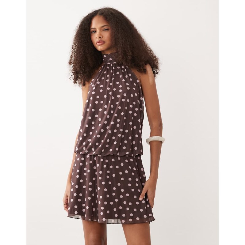 New Look halterneck mesh mini dress in brown polka dot
