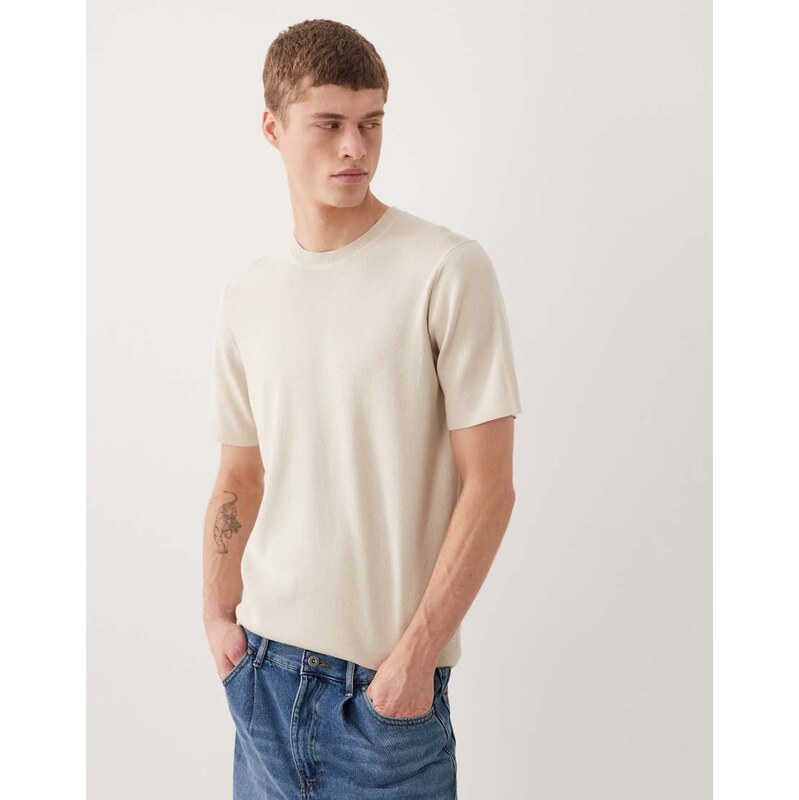 ASOS DESIGN Essential fine-rib knit crew-neck in stone-Neutral