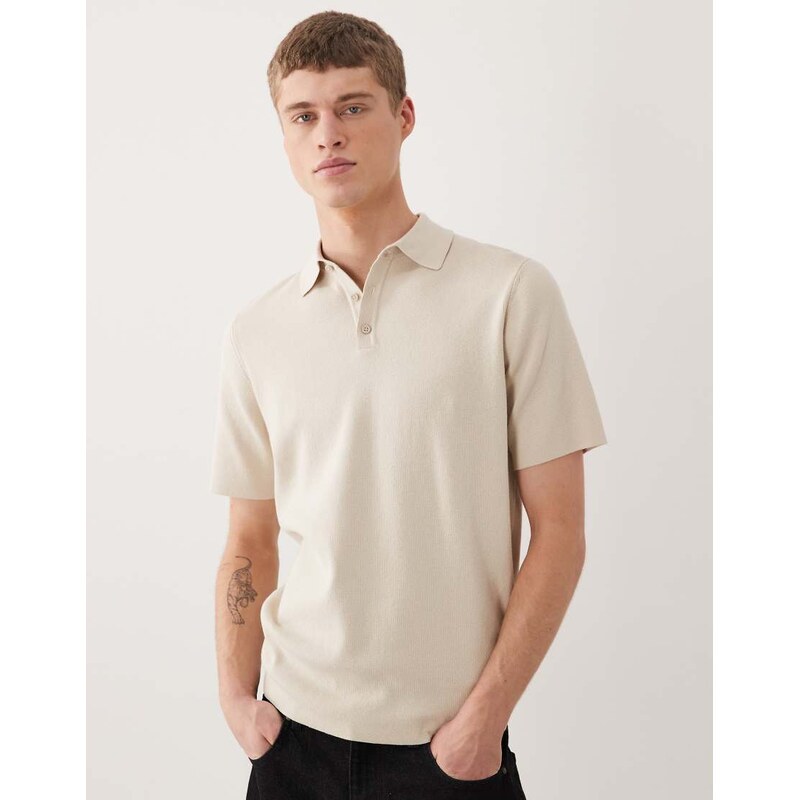 ASOS DESIGN Essential fine-rib knit polo in stone-Neutral