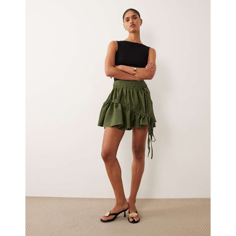 Ghospell drawstring detail floaty mini skirt co-ord in dark green 114450829