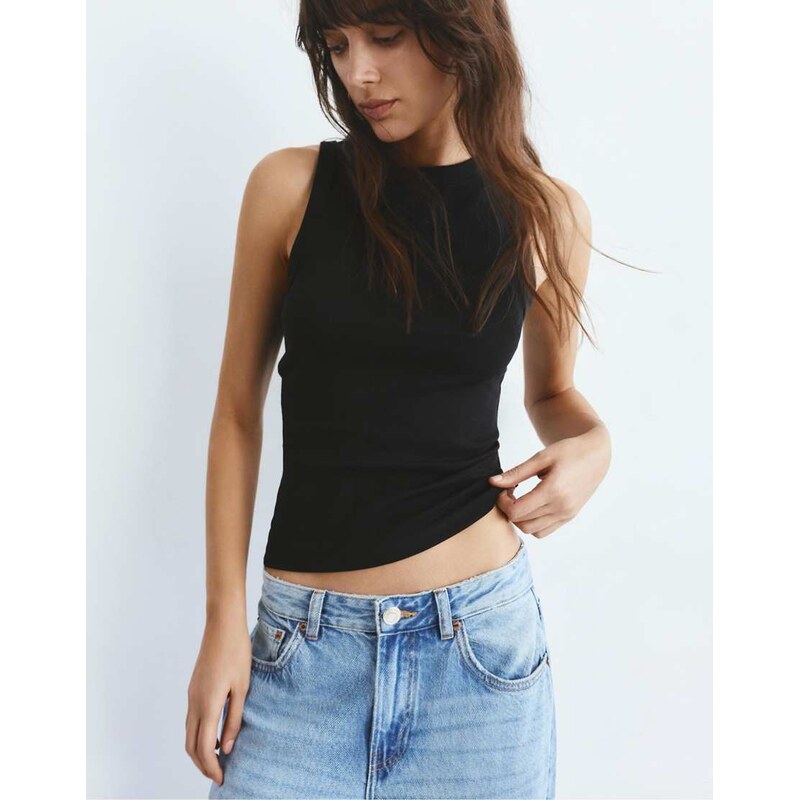 Pull&Bear Round neck tank top in black