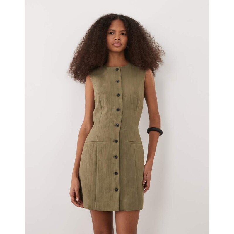 Mango button through sleeveless mini dress in green 114450868
