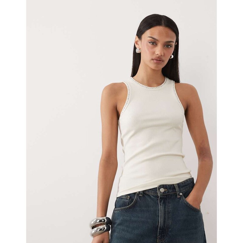 Mango cotton mix faux pearl detail racer vest in cream-Neutral