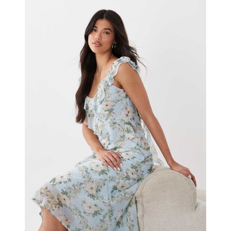 New Look floral chiffon ruffle midi dress in blue 114866827