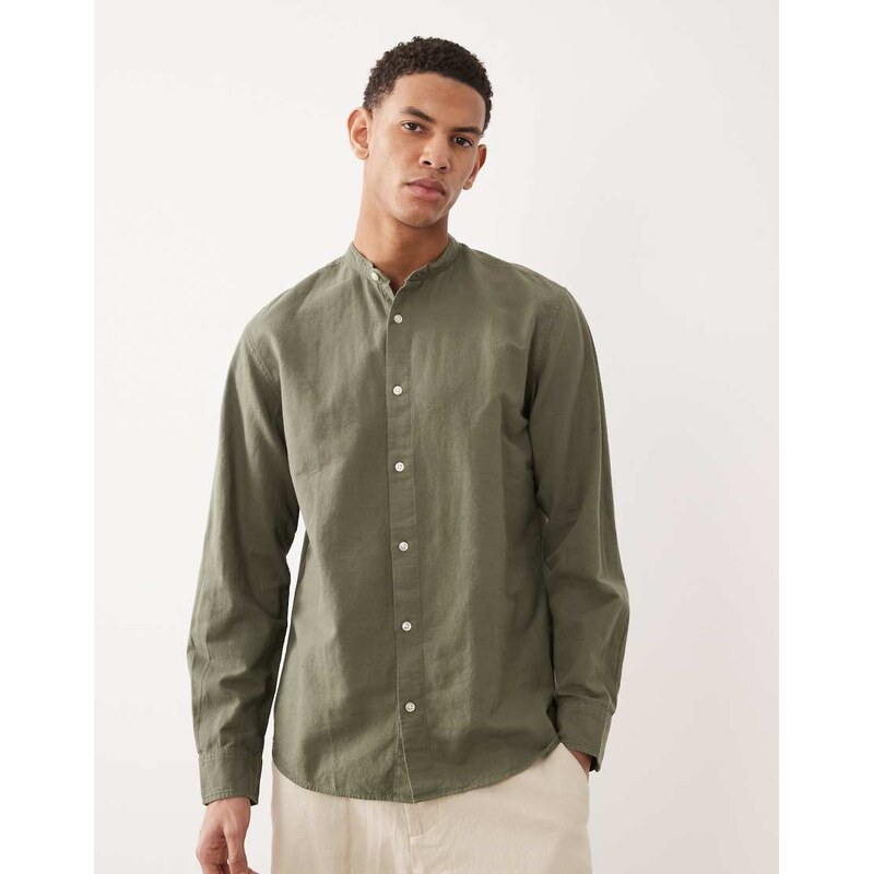 Jack & Jones linen blend shirt with grandad collar in khaki