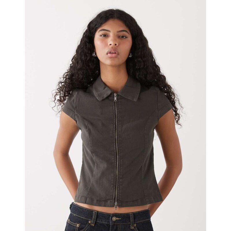 Weekday zip through top with cap sleeves in dark grey 114573272