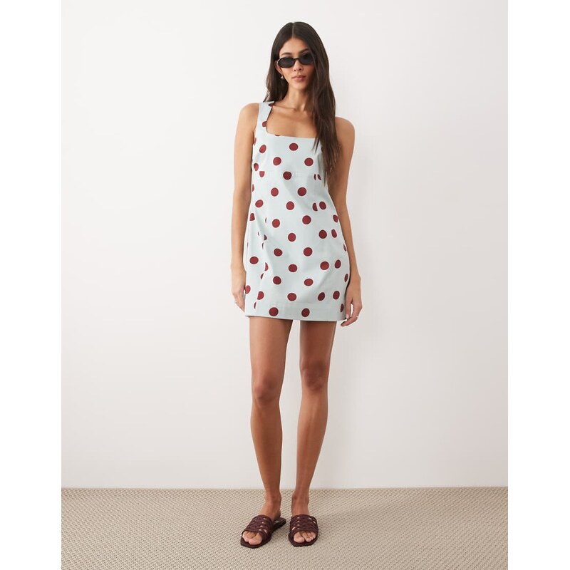 ASOS DESIGN square neck bodycon mini sundress in blue and burgundy spot-Multi