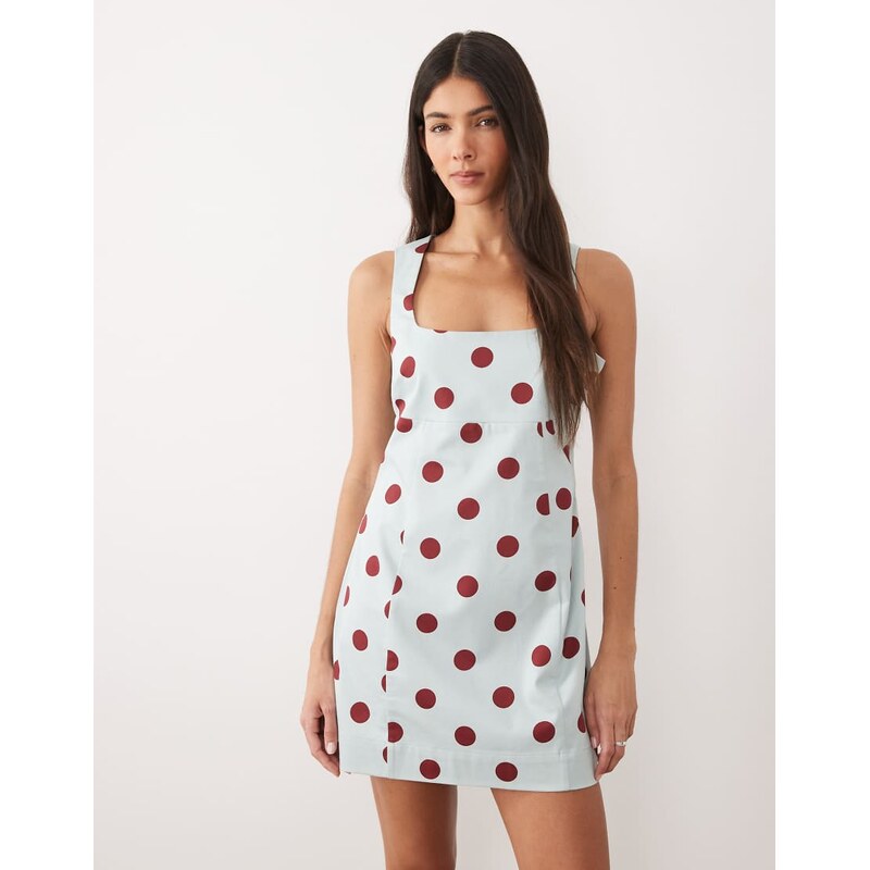 ASOS DESIGN square neck bodycon mini sundress in blue and burgundy spot-Multi