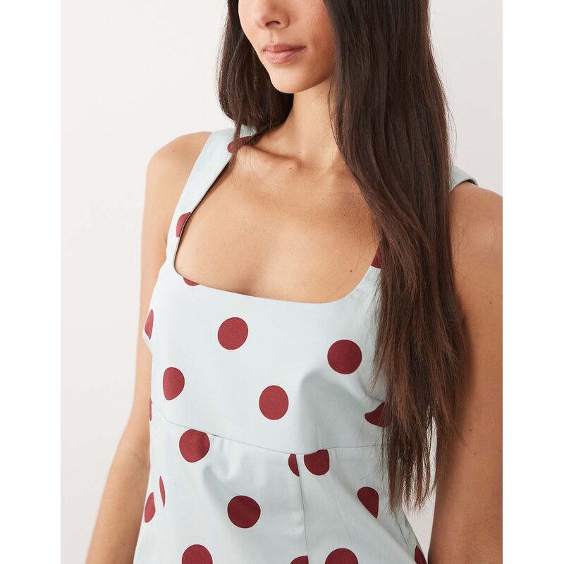 ASOS DESIGN square neck bodycon mini sundress in blue and burgundy spot-Multi