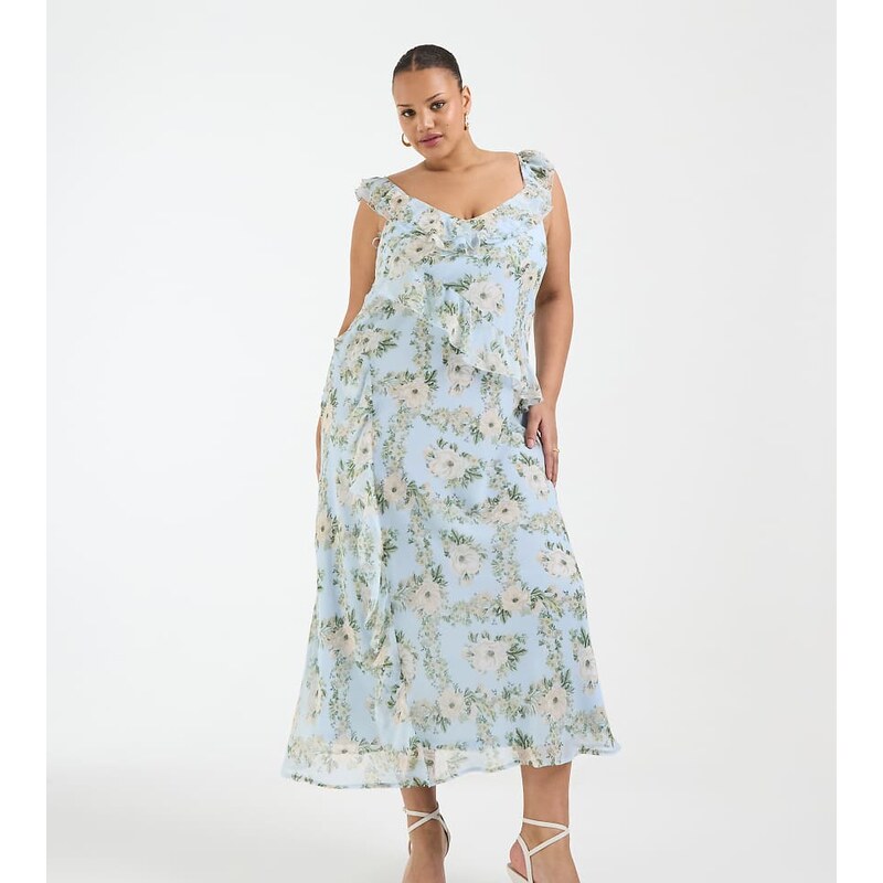 New Look Plus New Look Curve floral chiffon ruffle midi dress in blue 114746987