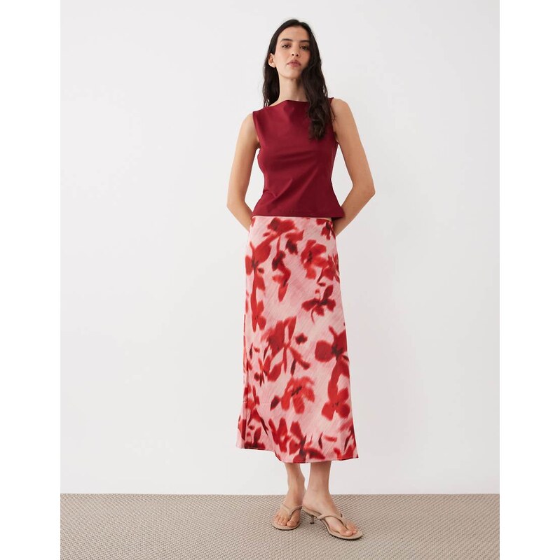 YAS satin midi skirt in pink and red floral print 115521384
