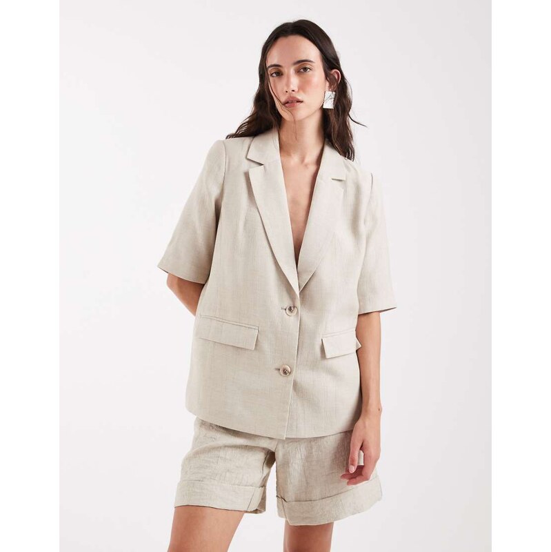 Pieces short sleeve tailored linen-look blazer co-ord in cream-White 115521439