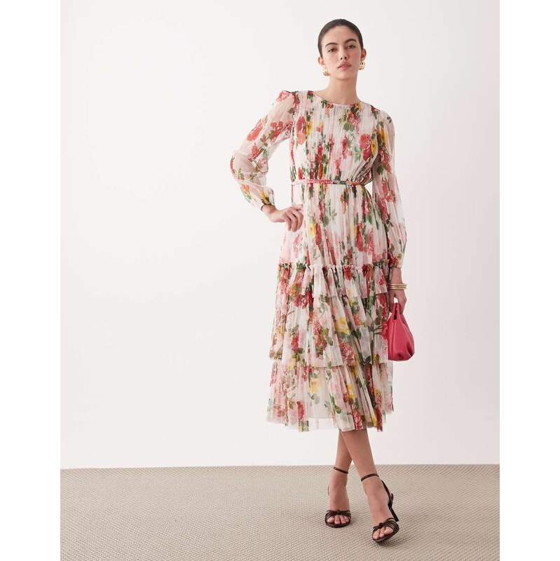 Lace & Beads tulle sheer balloon sleeve tiered midaxi dress in