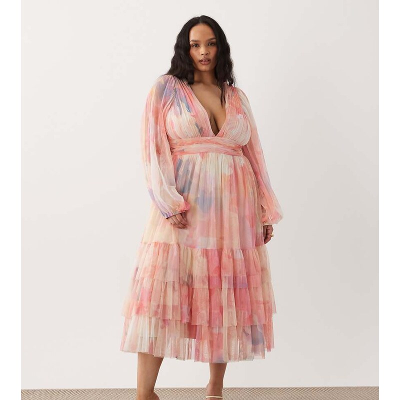 Lace & Beads Plus tulle balloon sleeve ruffle tiered midaxi dress in 115522876