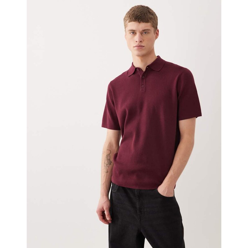 ASOS DESIGN Essential fine-rib knit polo in burgundy-Red