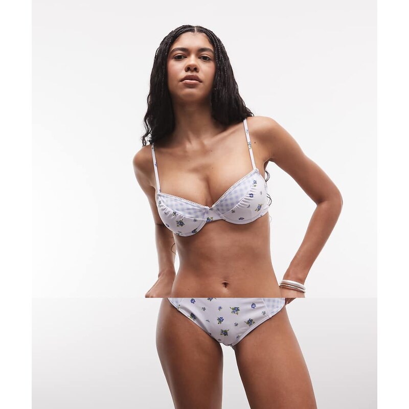 Daisy Street gingham floral contrast cup detail bikini top and