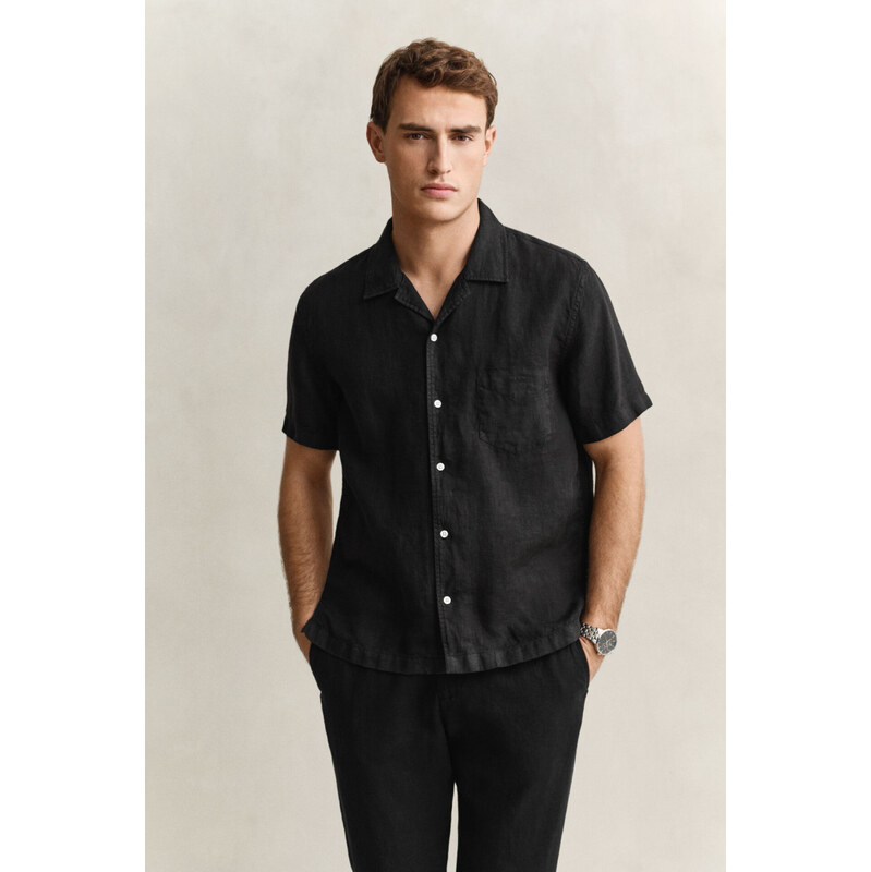 KOŠILE GANT REG GMNT DYED LINEN SS CAMP SHIRT BLACK