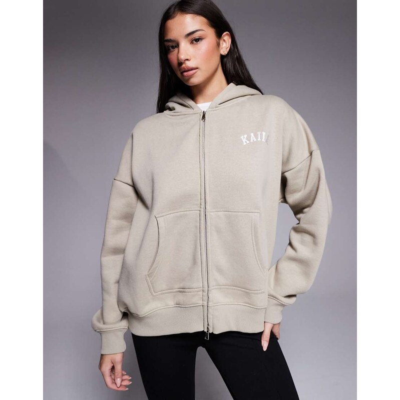 Kaiia cotton rich embroidered logo zip through hoodie in stone