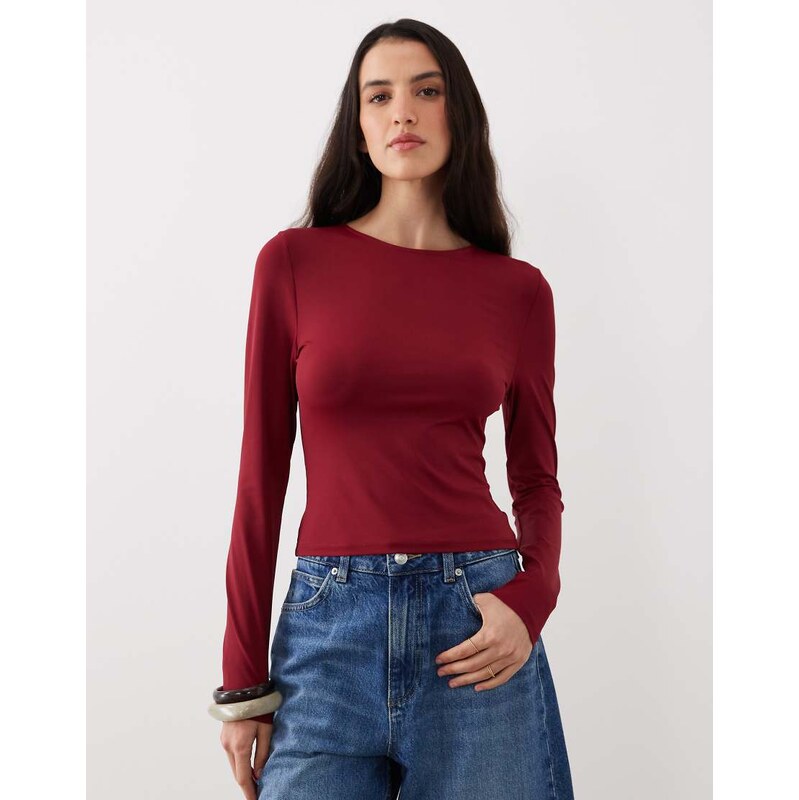 ASOS DESIGN polyamide slinky long sleeve top in burgundy-Red