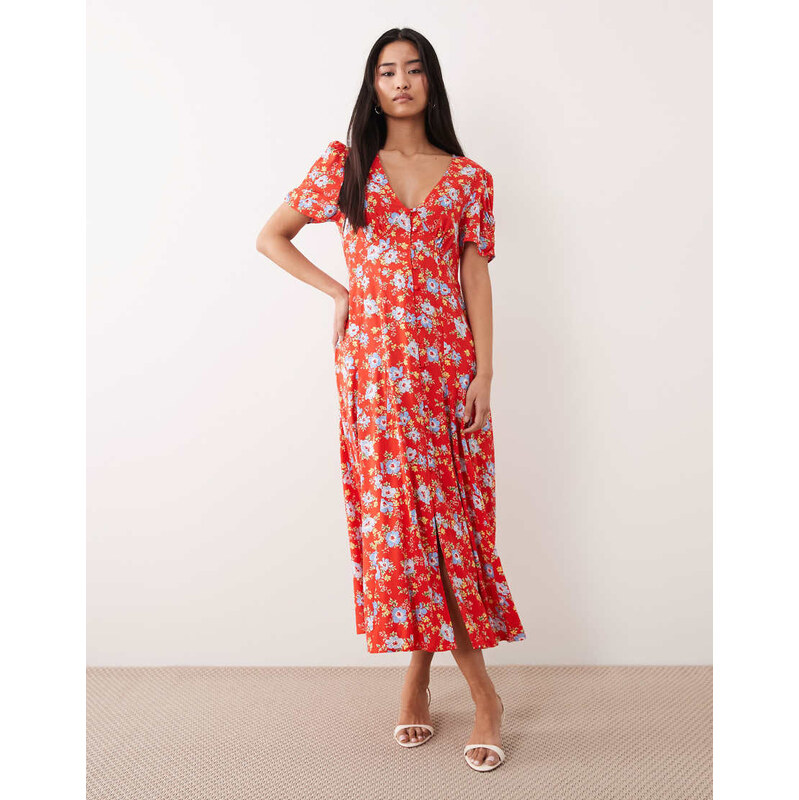 Nobodys Child Bonnie v-neck short sleeve midi dress in red floral 114456341