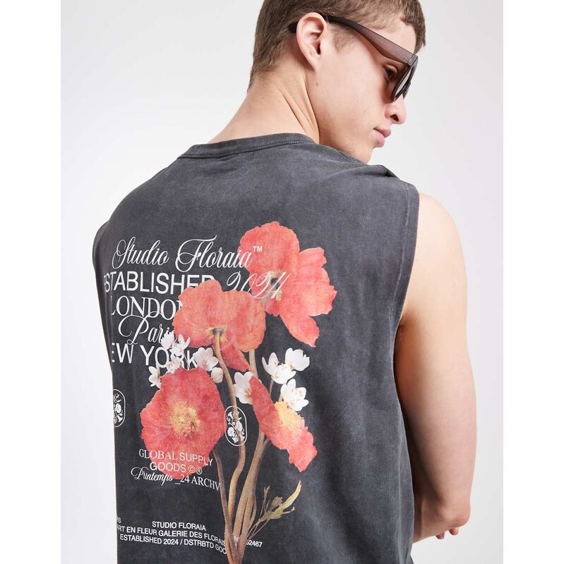 ASOS DESIGN oversized tank with floral graphic in charcoal wash-Grey
