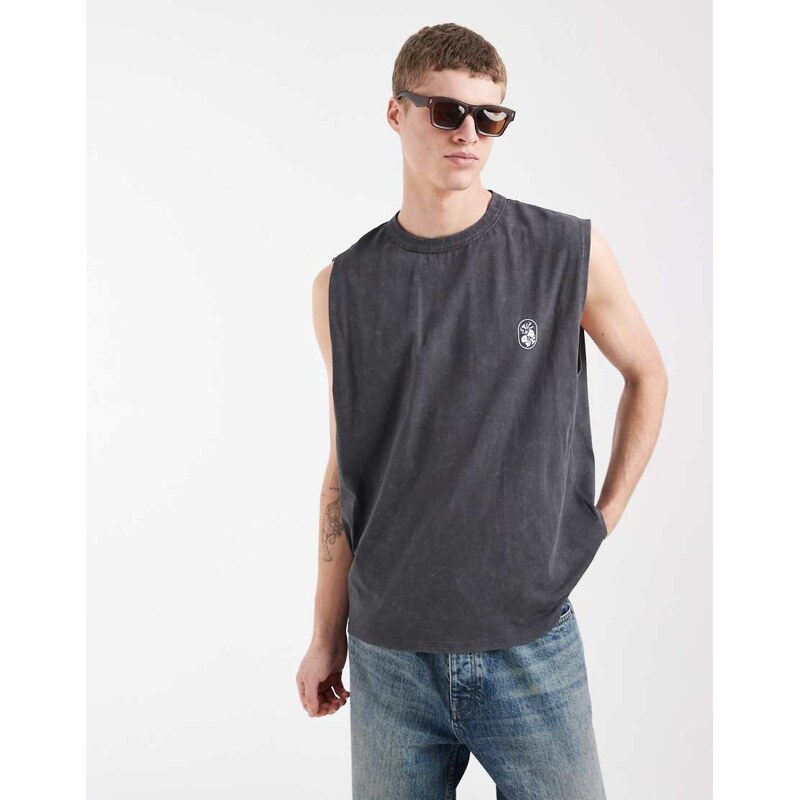 ASOS DESIGN oversized tank with floral graphic in charcoal wash-Grey