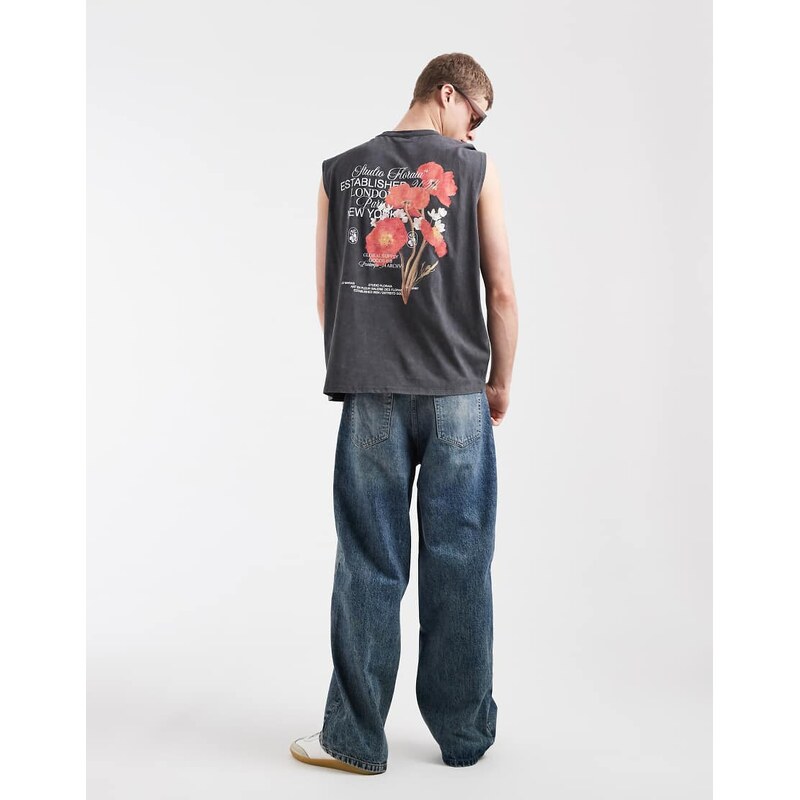 ASOS DESIGN oversized tank with floral graphic in charcoal wash-Grey